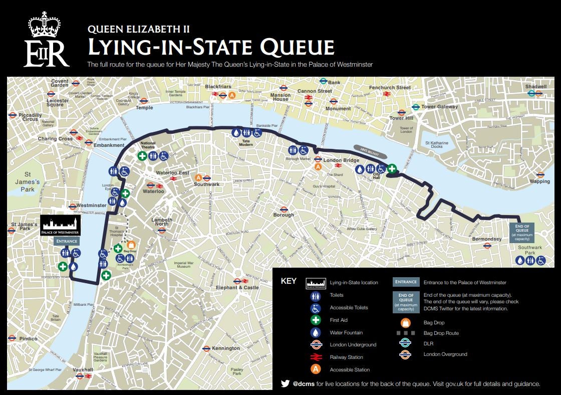Route of the queue that has so far stretched three miles along the Thames