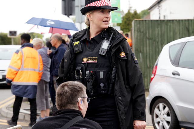 <p>Penny Lancaster in her role in City of London Police keeping order outside RAF Northolt, London</p>
