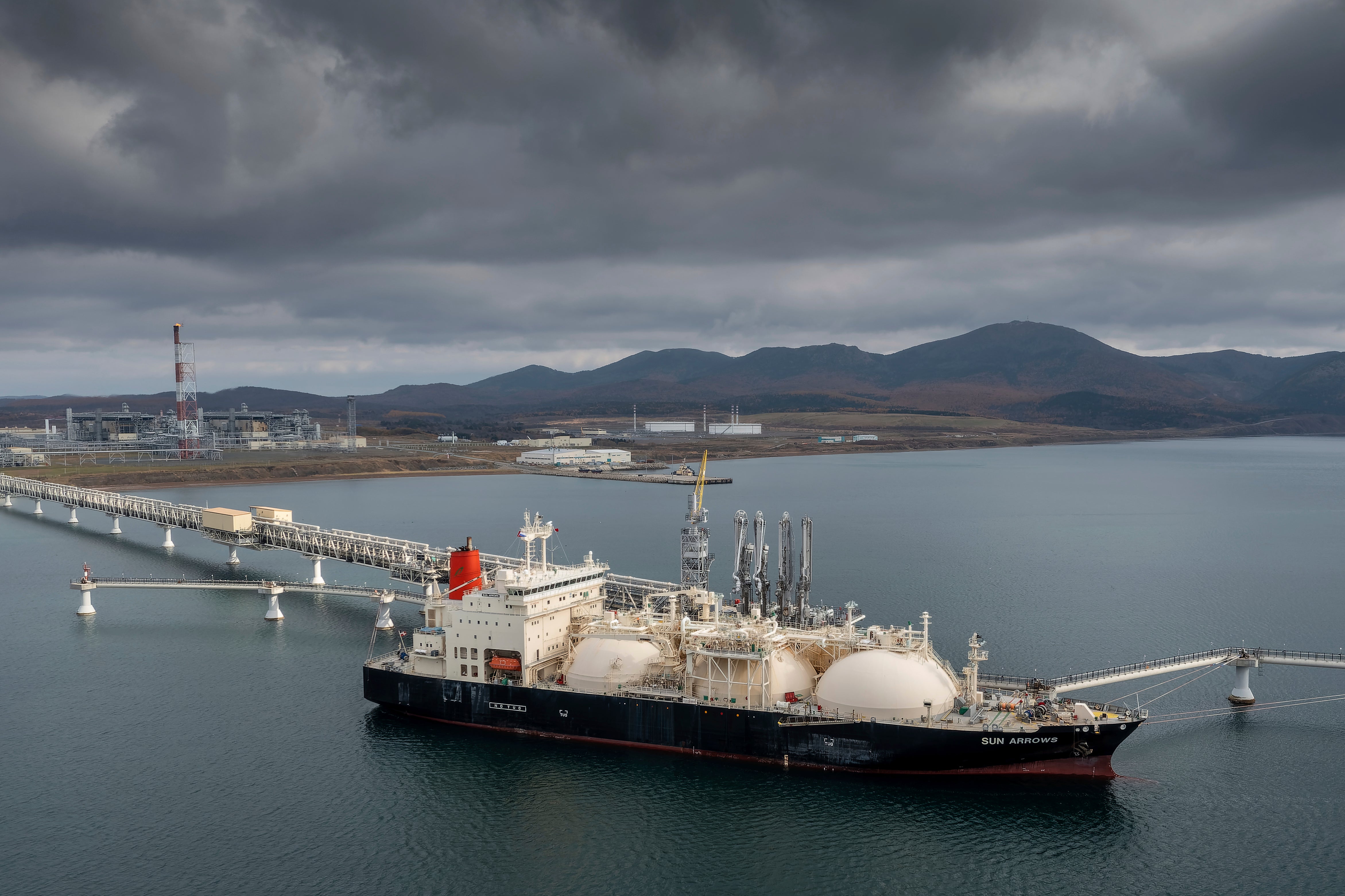 The tanker ‘Sun Arrows’ loads its cargo of liquefied natural gas from the Sakhalin-2 project in the port of Prigorodnoye, Russia, on 29 October 2021