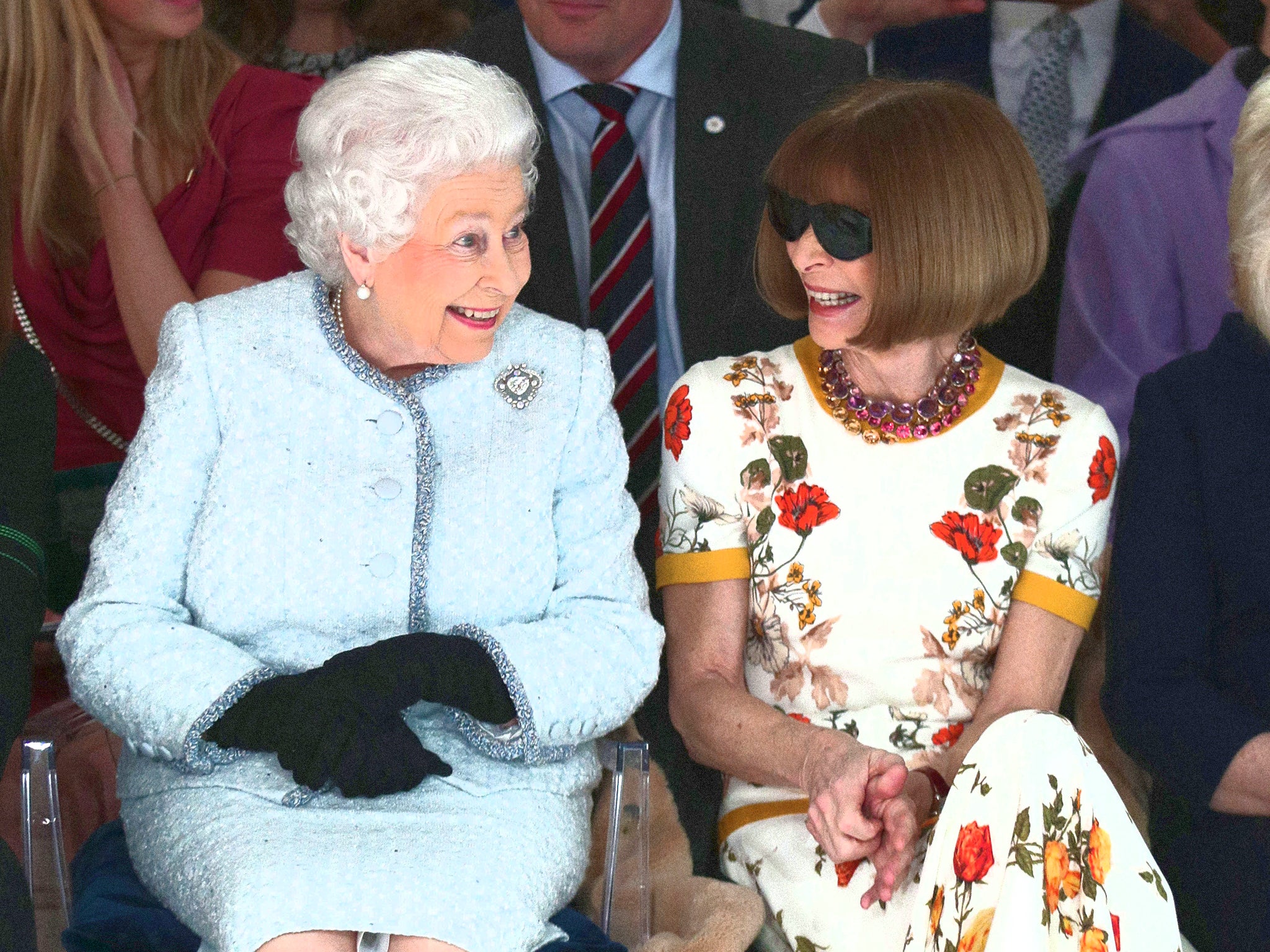 Queen Elizabeth II and ‘Vogue’ editor Anna Wintour at Richard Quinn’s runway show during London Fashion Week 2018