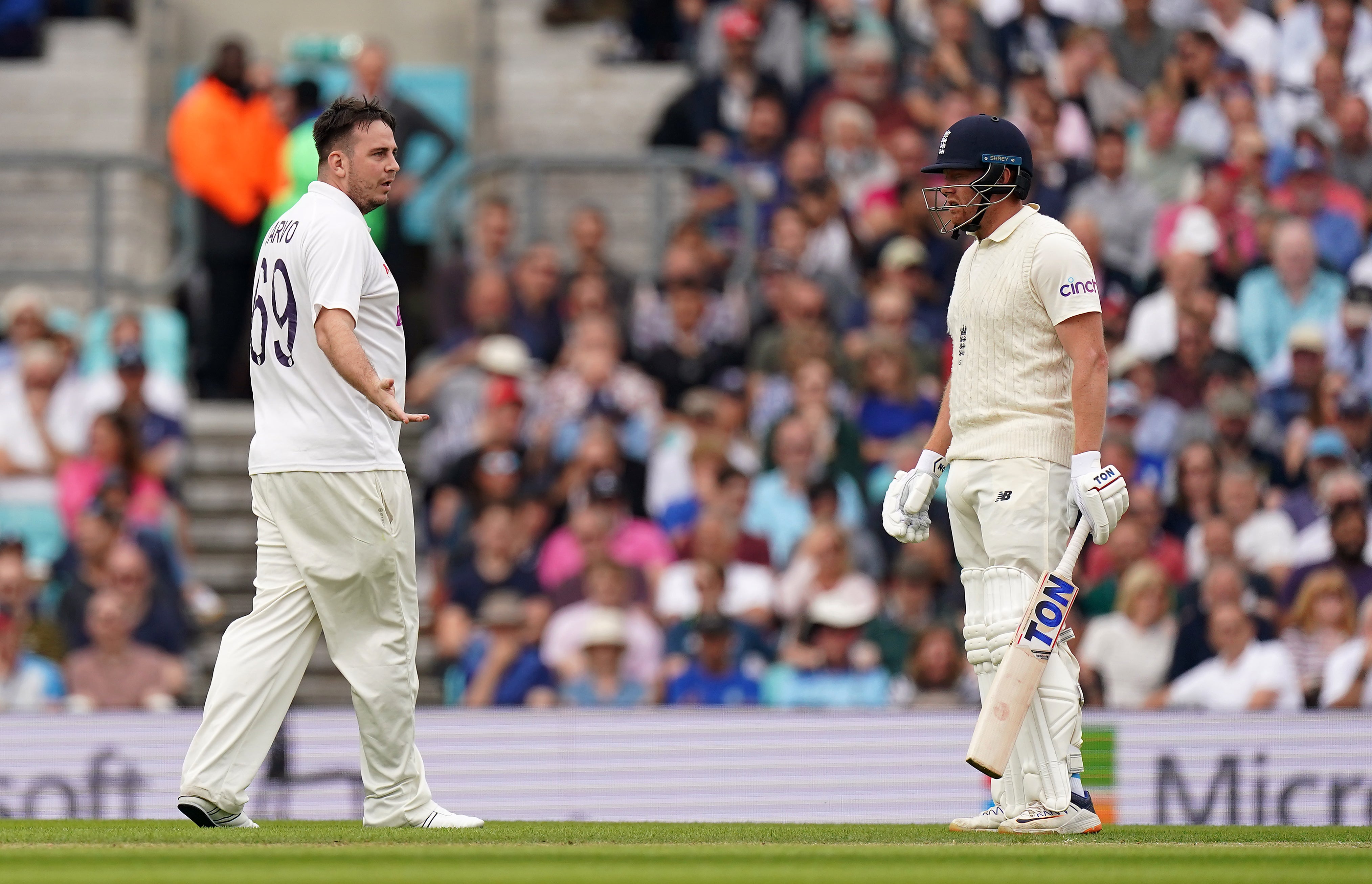 Jarvis on the pitch with England’s Jonny Bairstow (Adam Davy/PA)