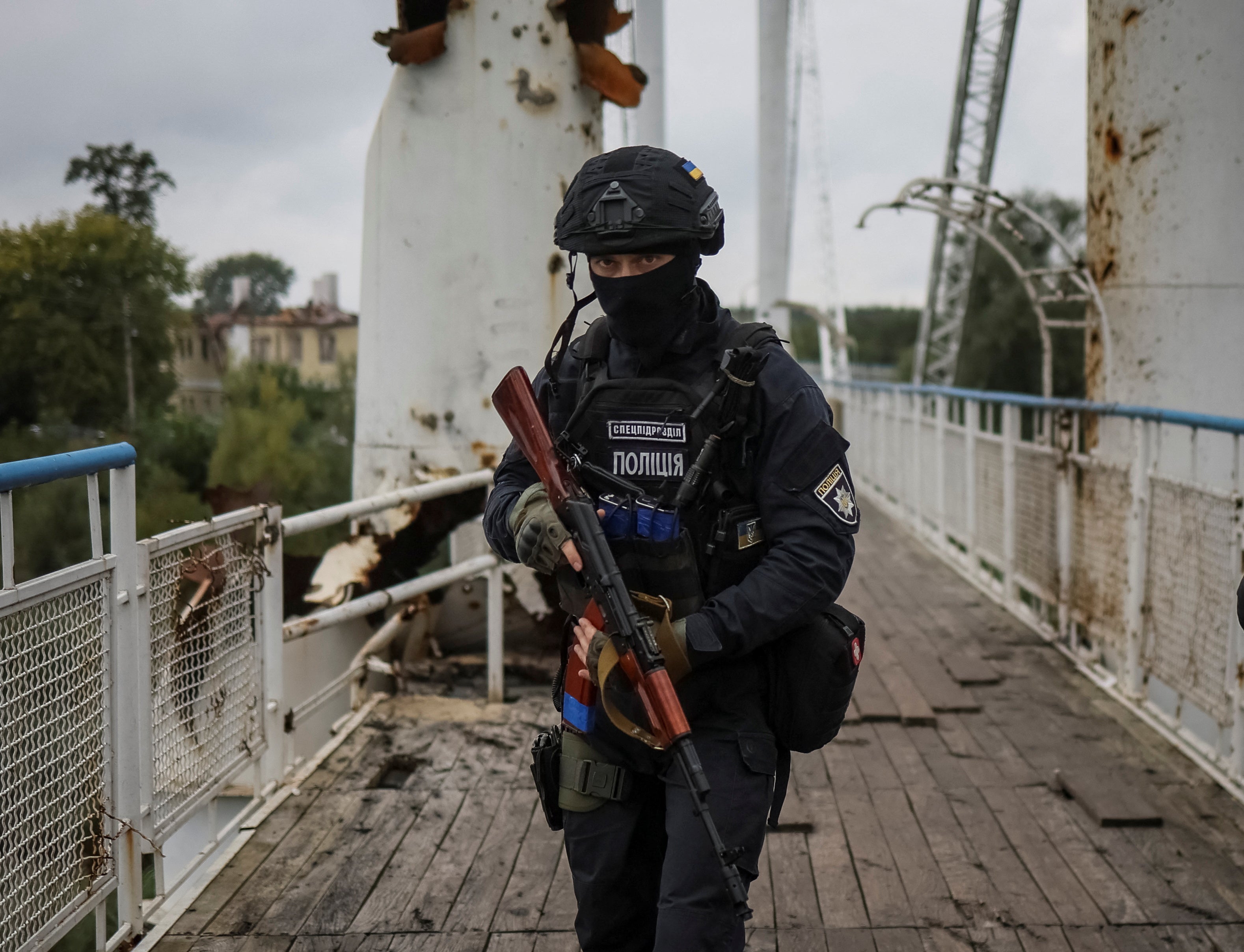 A Ukrainian police officer in Izium.