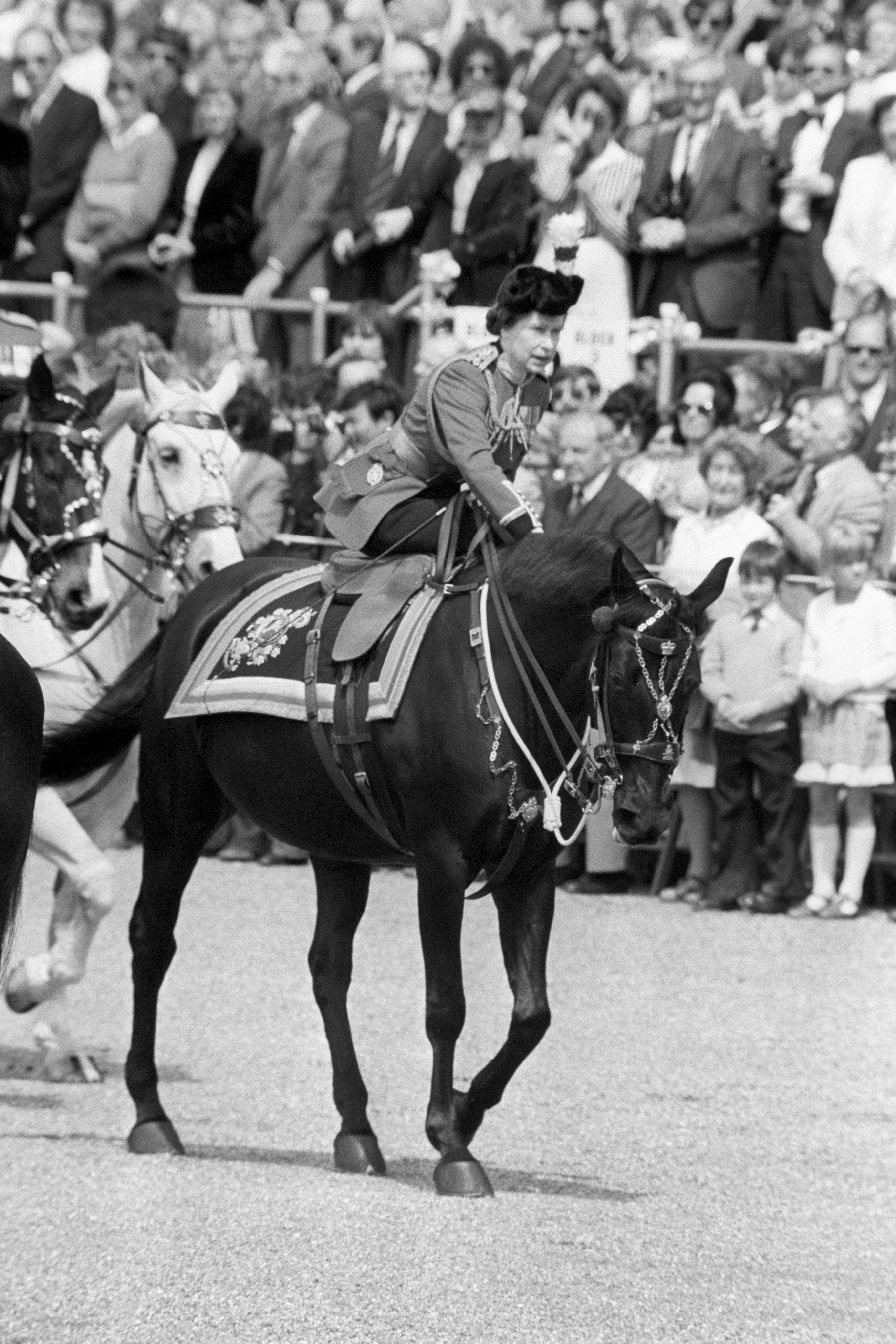 The Queen leans forward to reassure her horse after the incident in The Mall, London in 1981