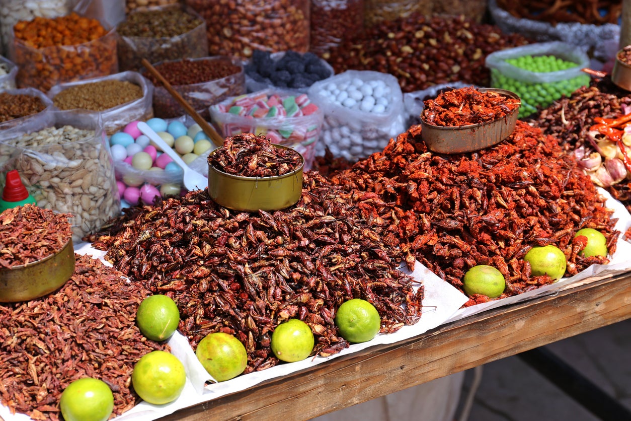 Chapulines (fried grasshoppers) on sale in Oaxaca