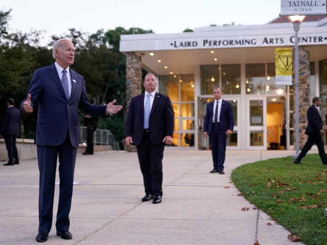 <p>President Joe Biden speaks to reporters after voting in the Delaware primary election at Tatnall School in Wilmington, Del., Tuesday, Sept. 13, 2022</p>