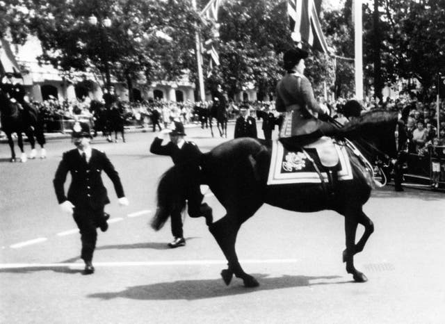 <p>The monarch was visibly shaken by the incident, but quickly recovered and comforted her horse</p>