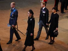 Harry and Meghan praised for holding hands after Queen’s service as other royals stoic in grief 