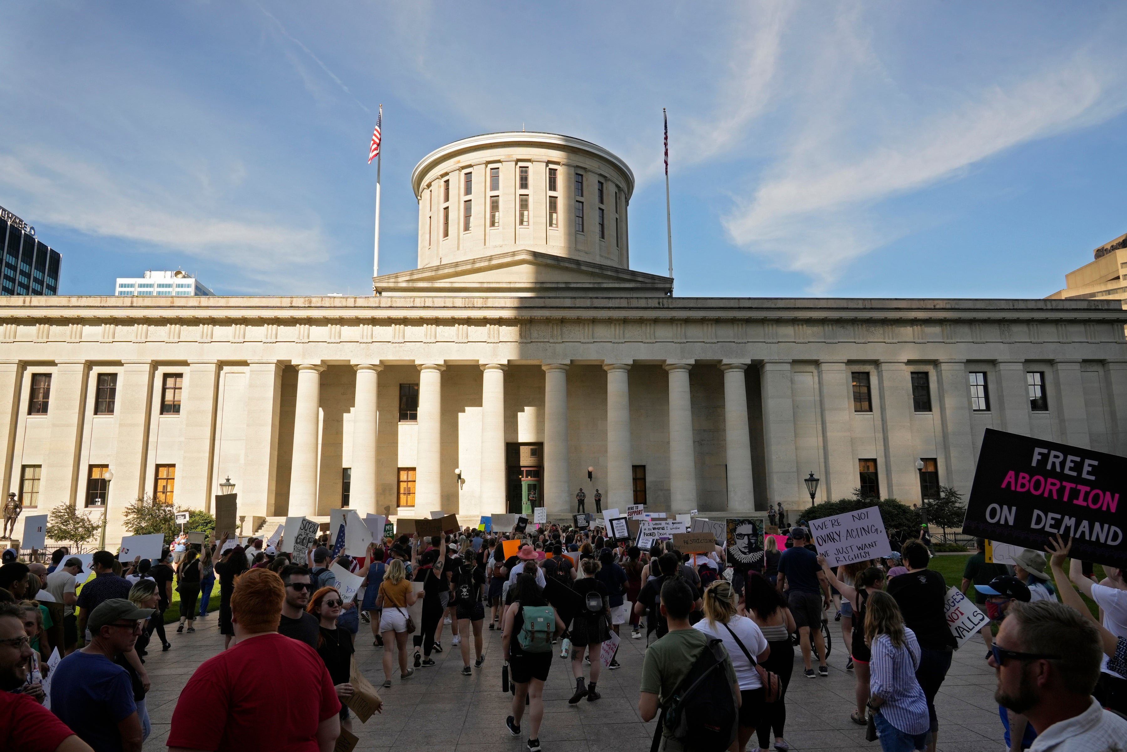 Protesters rally at the Ohio Statehouse in Columbus, Ohio, in support of abortion rights