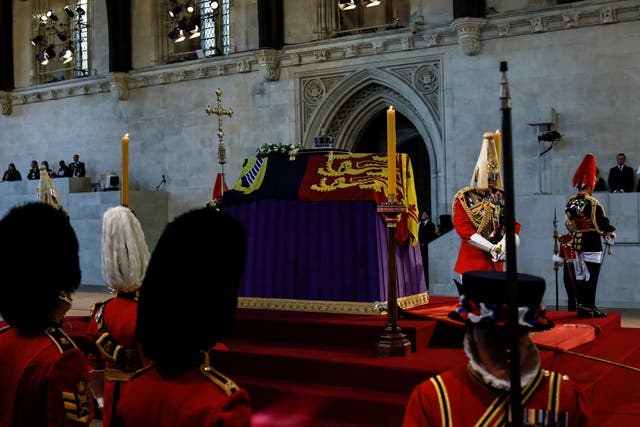 The coffin of the Queen lies on the catafalque in Westminster Hall (/PA)