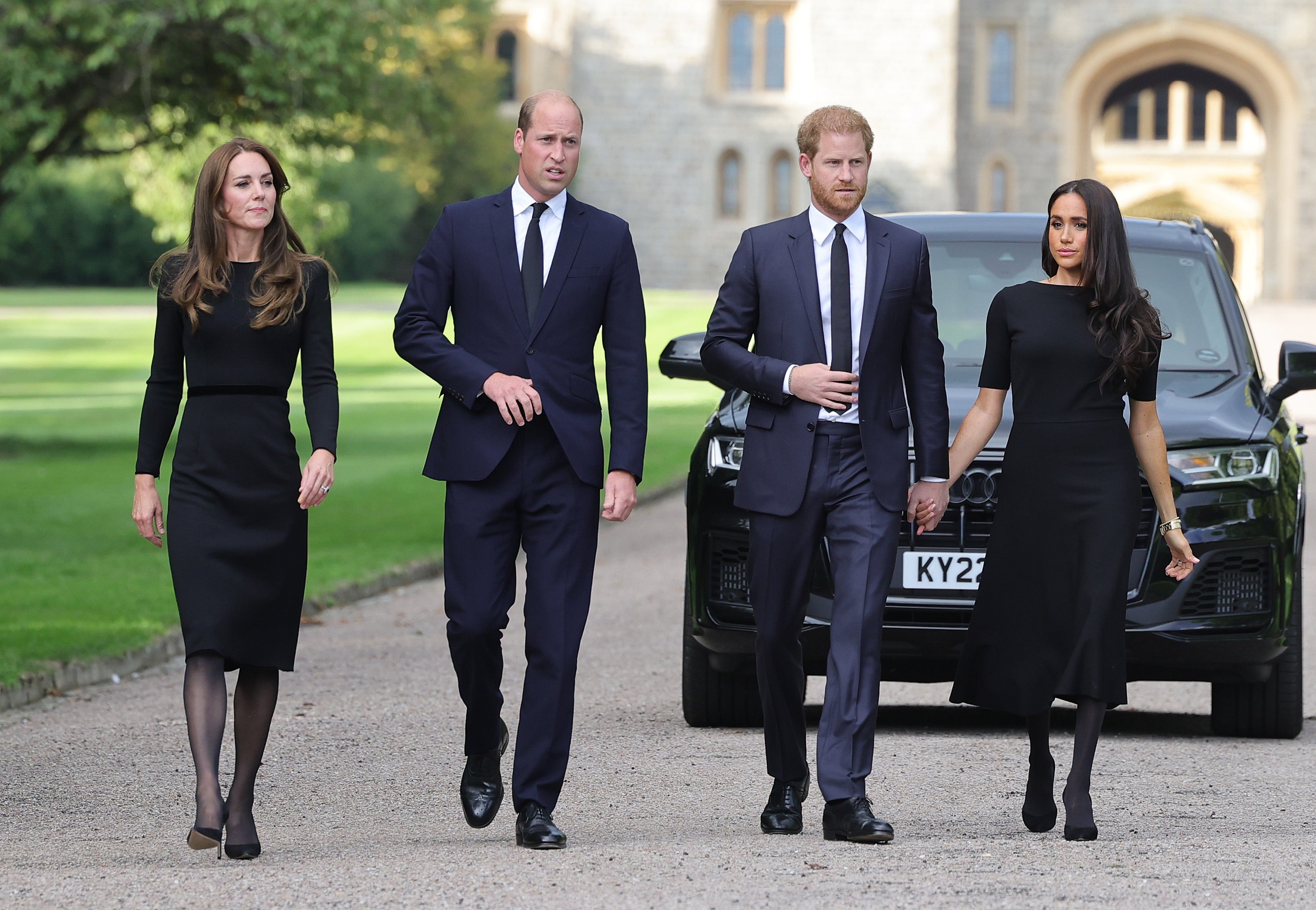 Catherine, Princess of Wales, Prince William, Prince of Wales, the Duke and Duchess of Sussex on the long walk at Windsor Castle on 10 September 2022