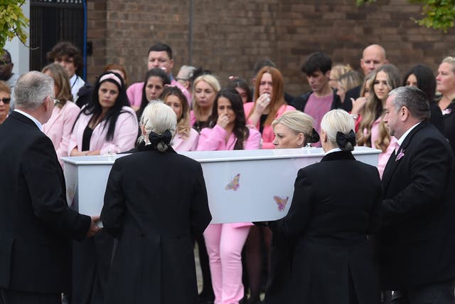 <p>Mourners dressed in pink have gathered for the funeral of Liverpool shooting victim Olivia Pratt-Korbel</p>