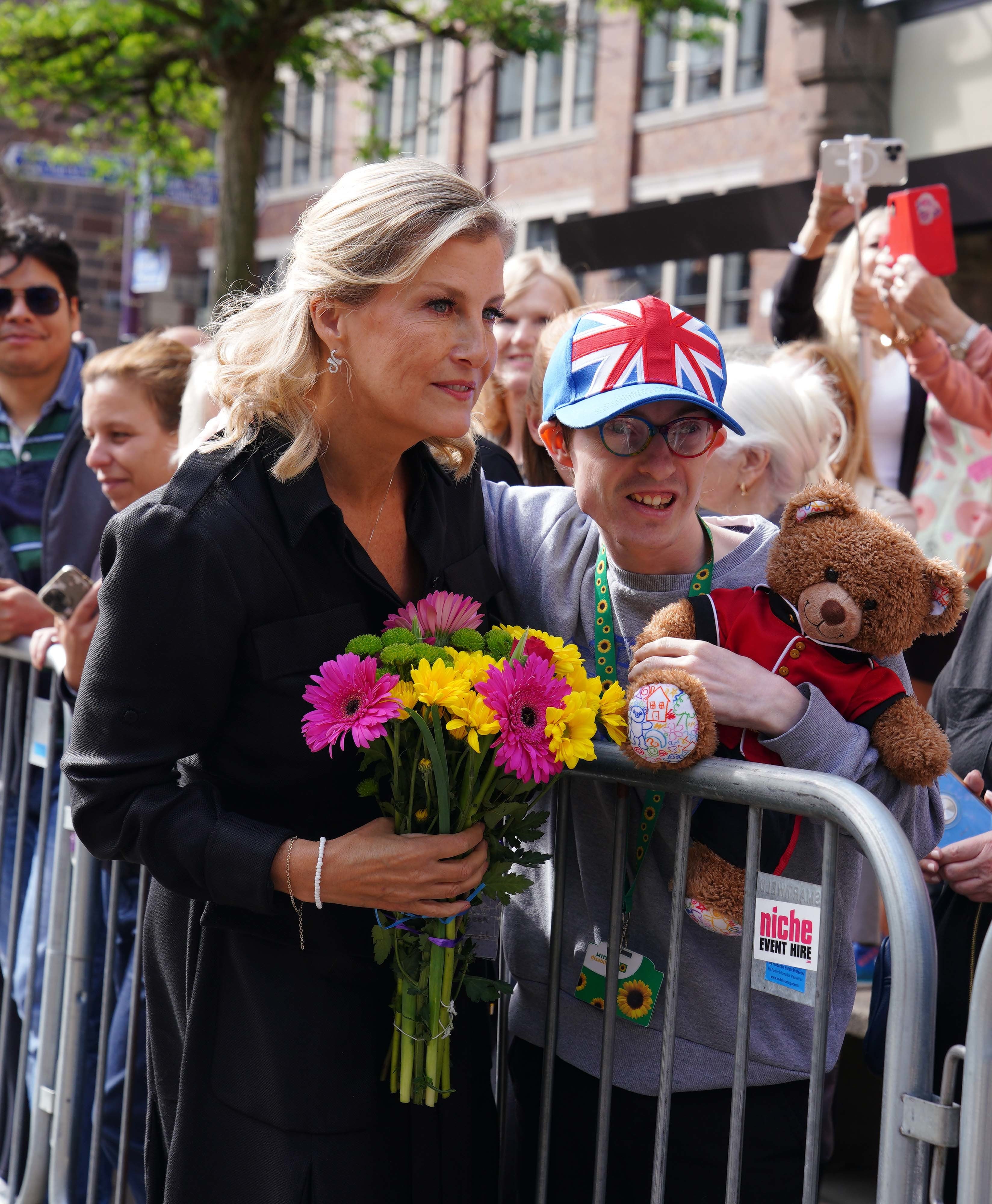 The Countess of Wessex meets members of the public as she views floral tributes in St Ann’s Square, Manchester (Peter Byrne/PA)