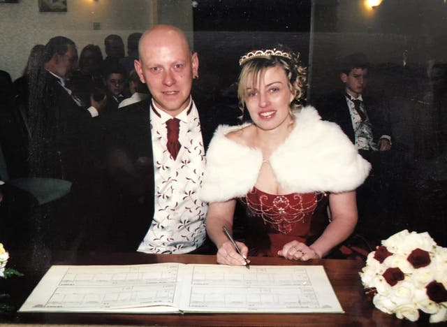 <p>Andy Marsh with his wife Celia, who died after eating a flatbread from a Pret a Manger store</p>
