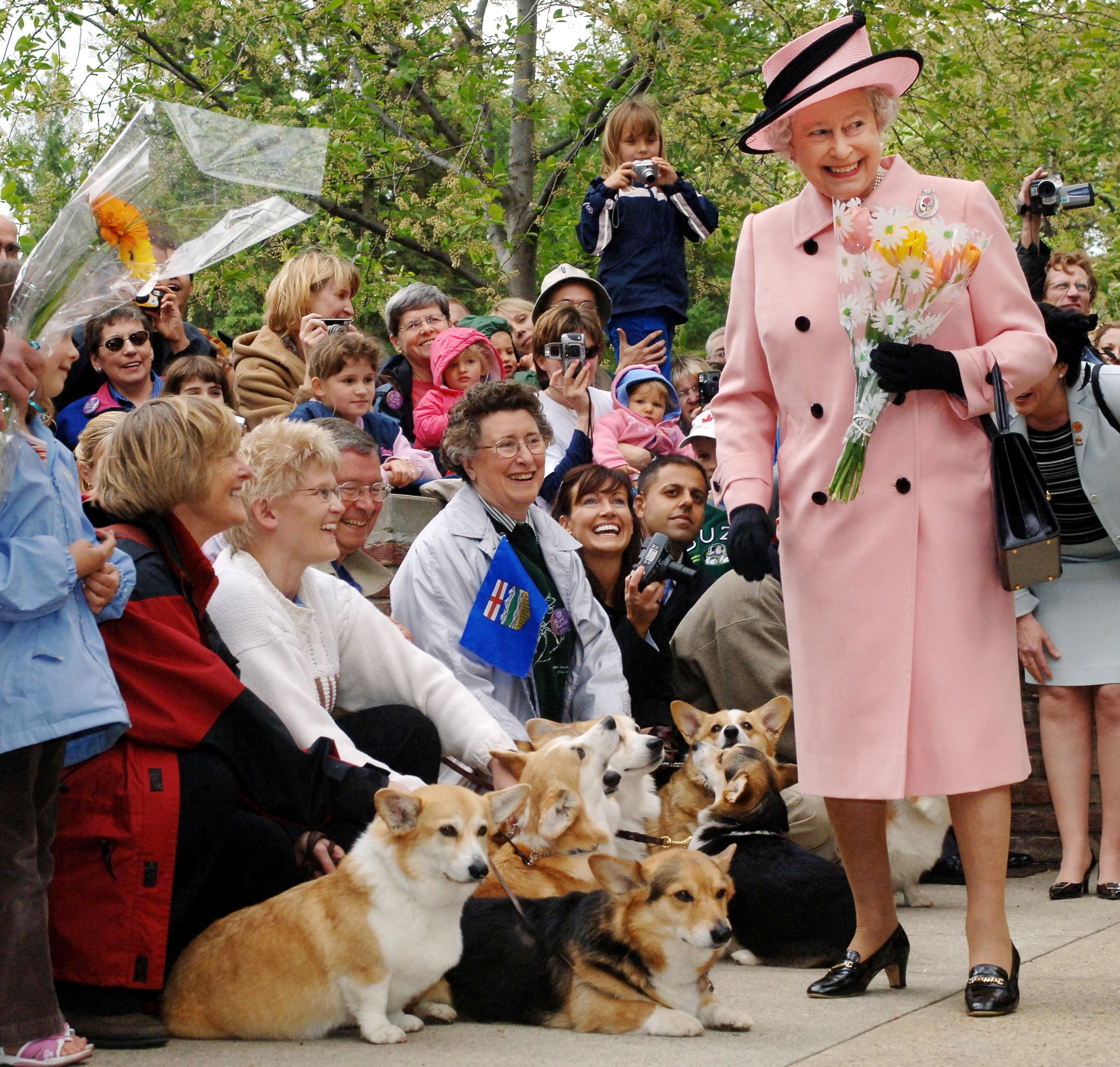 The Queen being greeted by local corgi enthusiasts in Edmonton, Canada during her visit in 2005 (Fiona Hanson/PA)