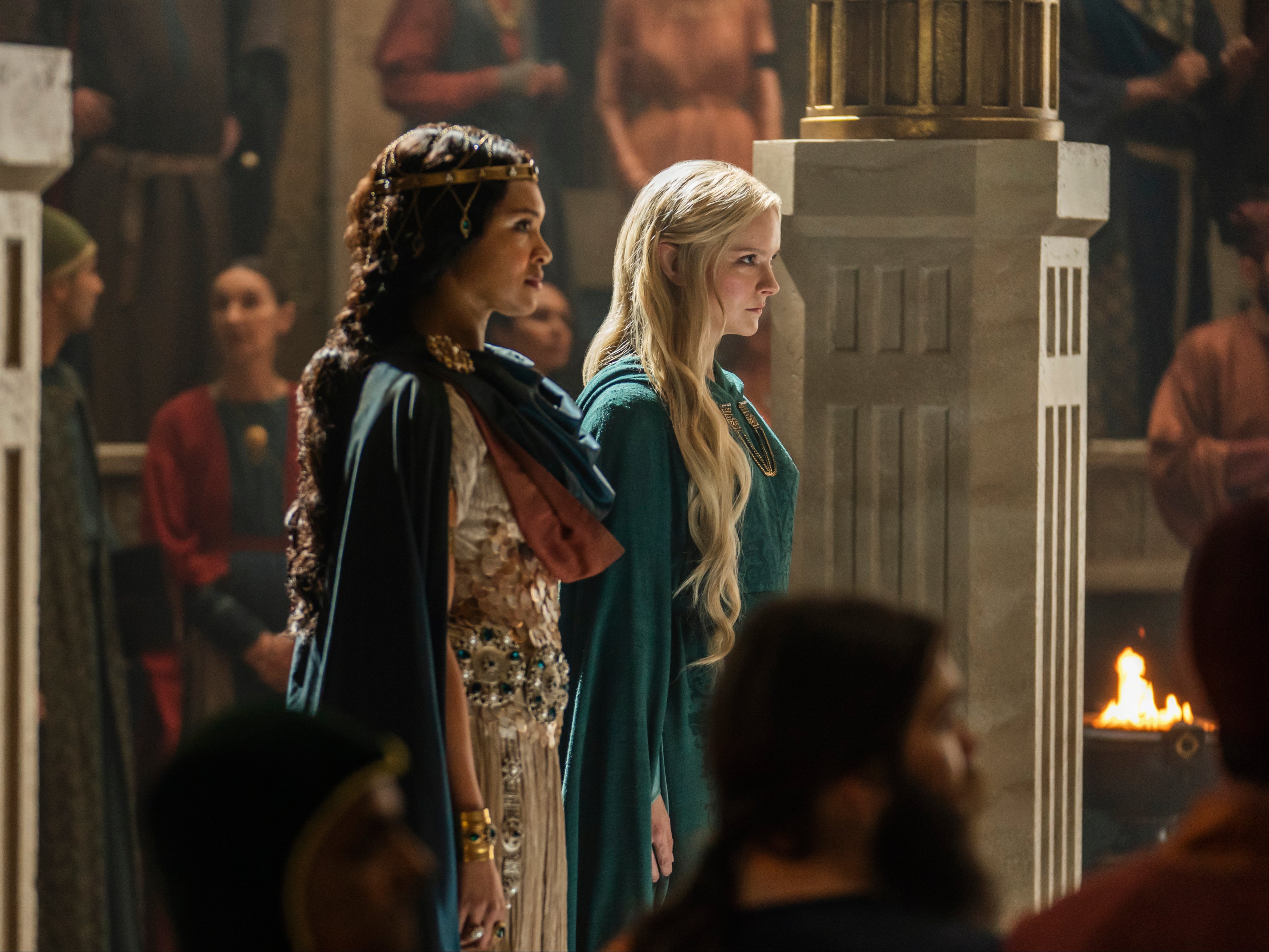 Cynthia Addai-Robinson as Queen Regent Miriel of Númenor and Morfydd Clark as Galadriel in ‘The Rings of Power'