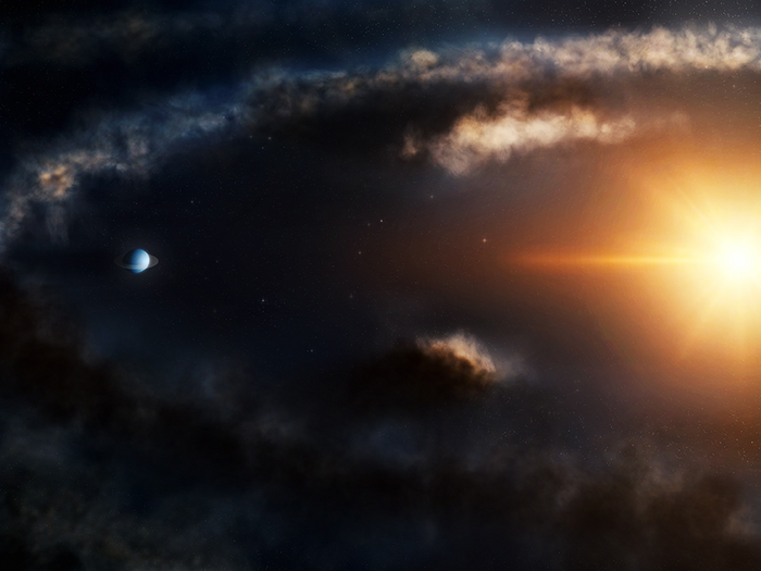 Artist’s illustration of a small Saturn-like planet discovered in the system LkCa 15, around 518 light years from Earth