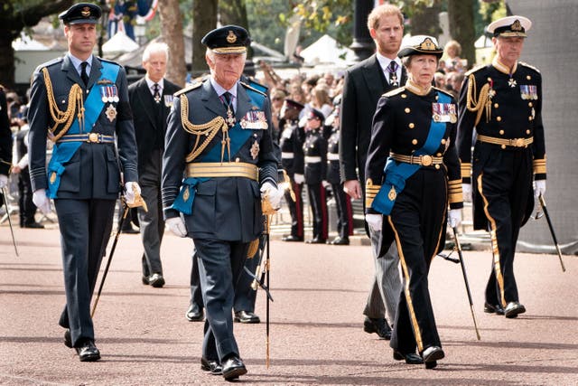 <p>Royals including Prince Harry walk behind the Queen’s coffin on 14 September, 2022. </p>