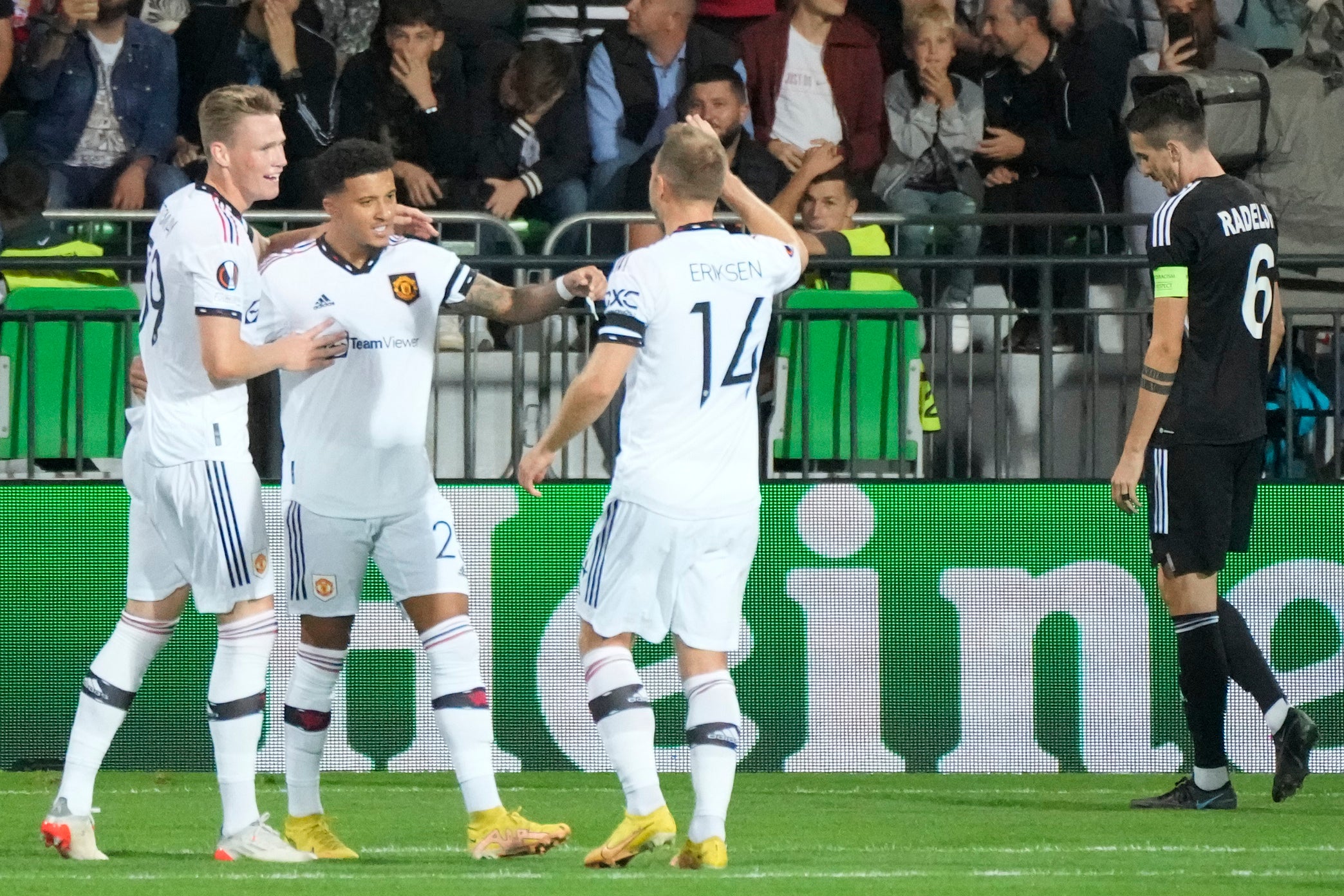 Jadon Sancho (second left) is not giving up on the World Cup (Sergei Grits/AP/Press Association Images)