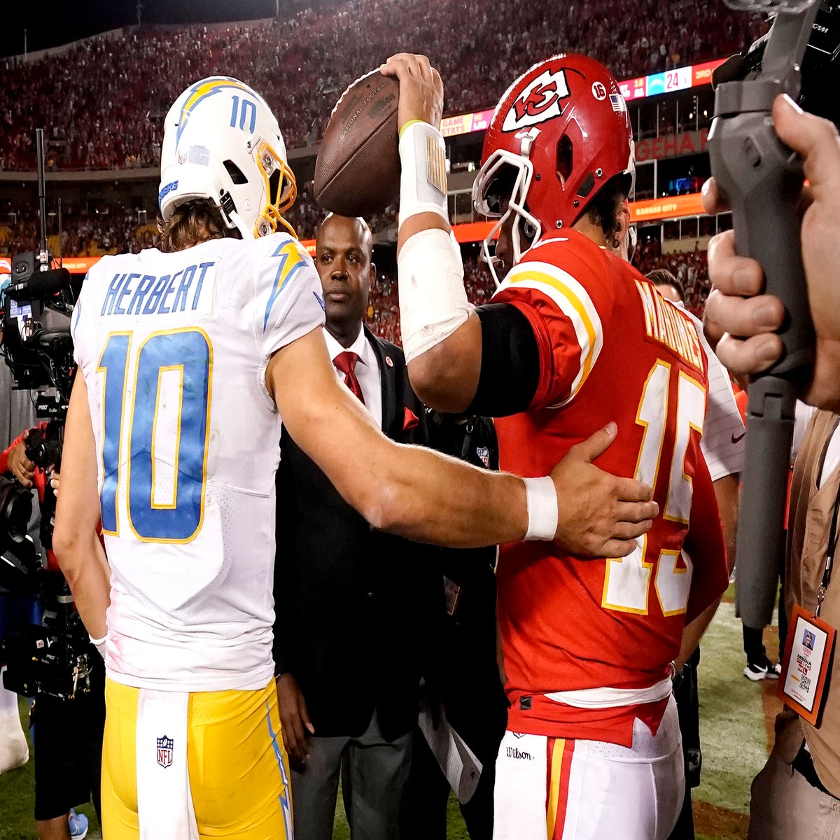 February 5, 2022: Kansas City Chiefs quarterback Patrick Mahomes (15), New  England Patriots quarterback Mac Jones (10), and Los Angeles Chargers  quarterback Justin Herbert (10) throwing passes to passes to the coaches