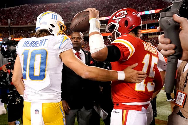 <p>Patrick Mahomes  greets Justin Herbert after Chiefs vs Chargers</p>