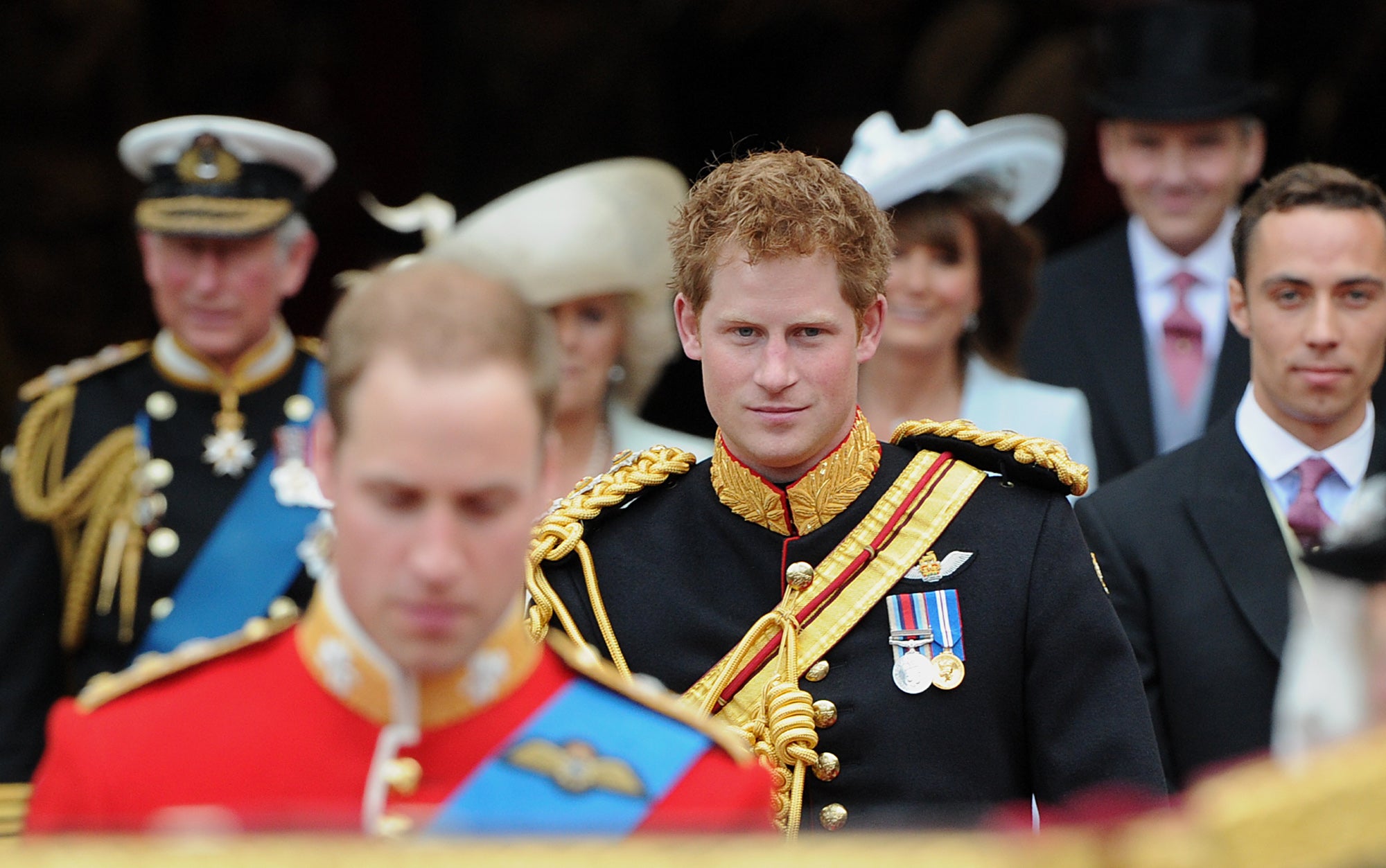 Prince Harry in military uniform at the wedding of the Prince of Wales and Kate Middleton in 2011