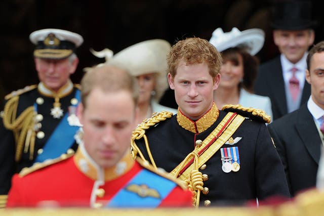 <p>Prince Harry in military uniform at the wedding of the Prince of Wales and Kate Middleton in 2011</p>