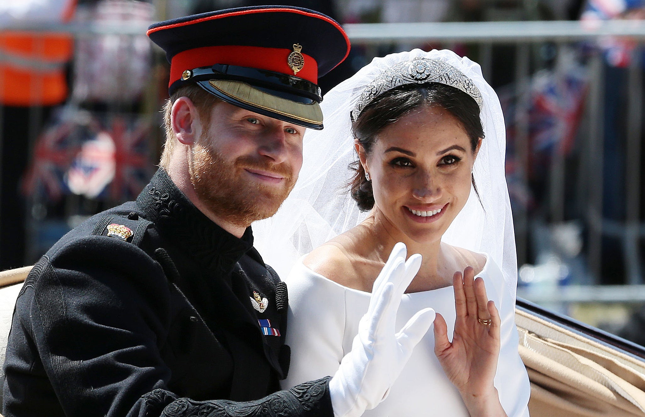 Prince Harry in military uniform during his wedding to Meghan Markle in 2018, where she was reportedly banned from wearing Princess Diana’s jewellery.