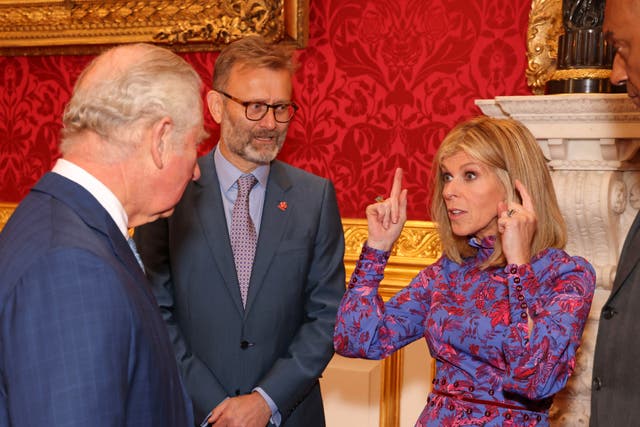<p>King Charles (left), Hugh Dennis, and Kate Garraway (right) meeting at the Prince’s Trust Awards Trophy Ceremony 2021</p>