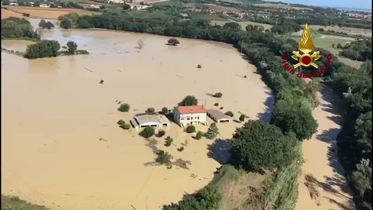 Severity of fatal flooding in Italy’s Marche region revealed in aerial footage