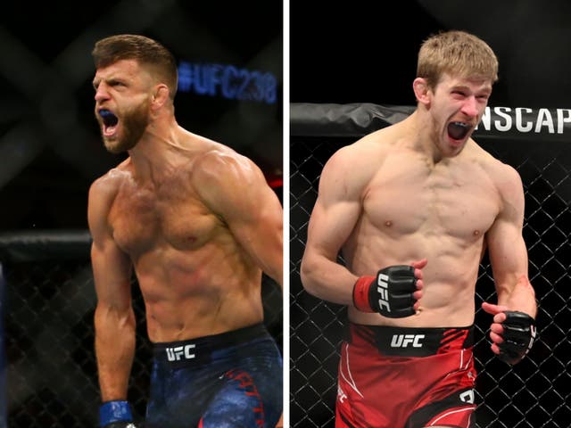 <p>Calvin Kattar (left) and fellow UFC featherweight contender Arnold Allen</p>