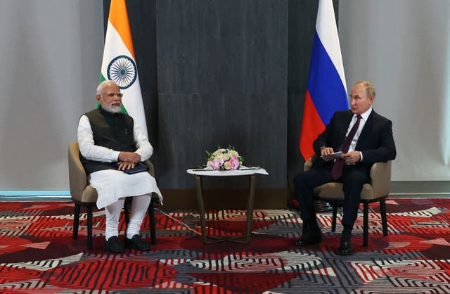 <p>Russian President Vladimir Putin meets with India's Prime Minister Narendra Modi on the sidelines of the Shanghai Cooperation Organisation leaders' summit in Samarkand</p>