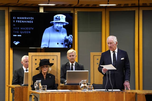 The King speaks at the Senedd in Cardiff (Andrew Matthews/PA)