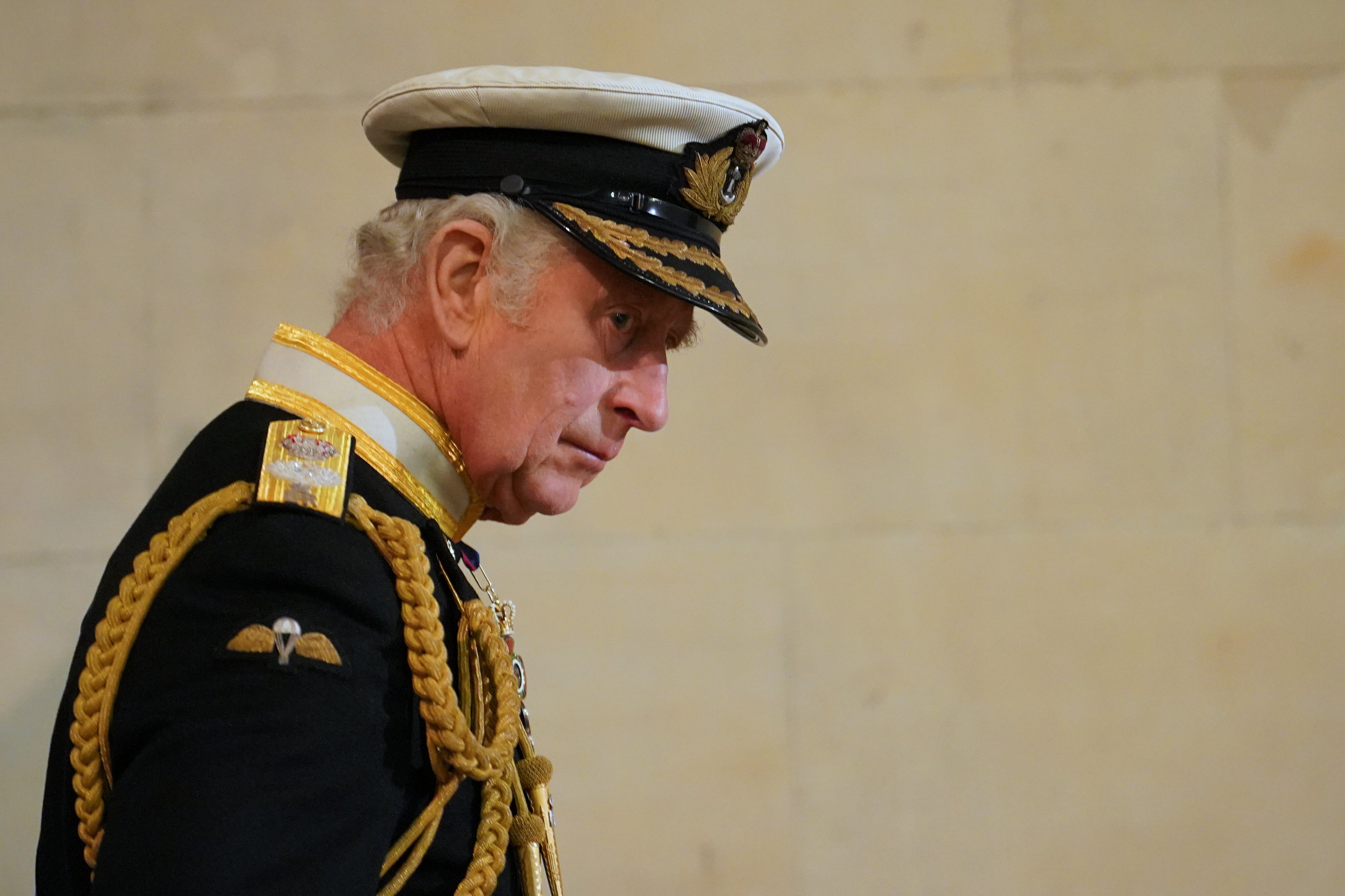 King Charles III arrives to stand vigil beside the coffin of his mother (Dominic Lipinski/PA)