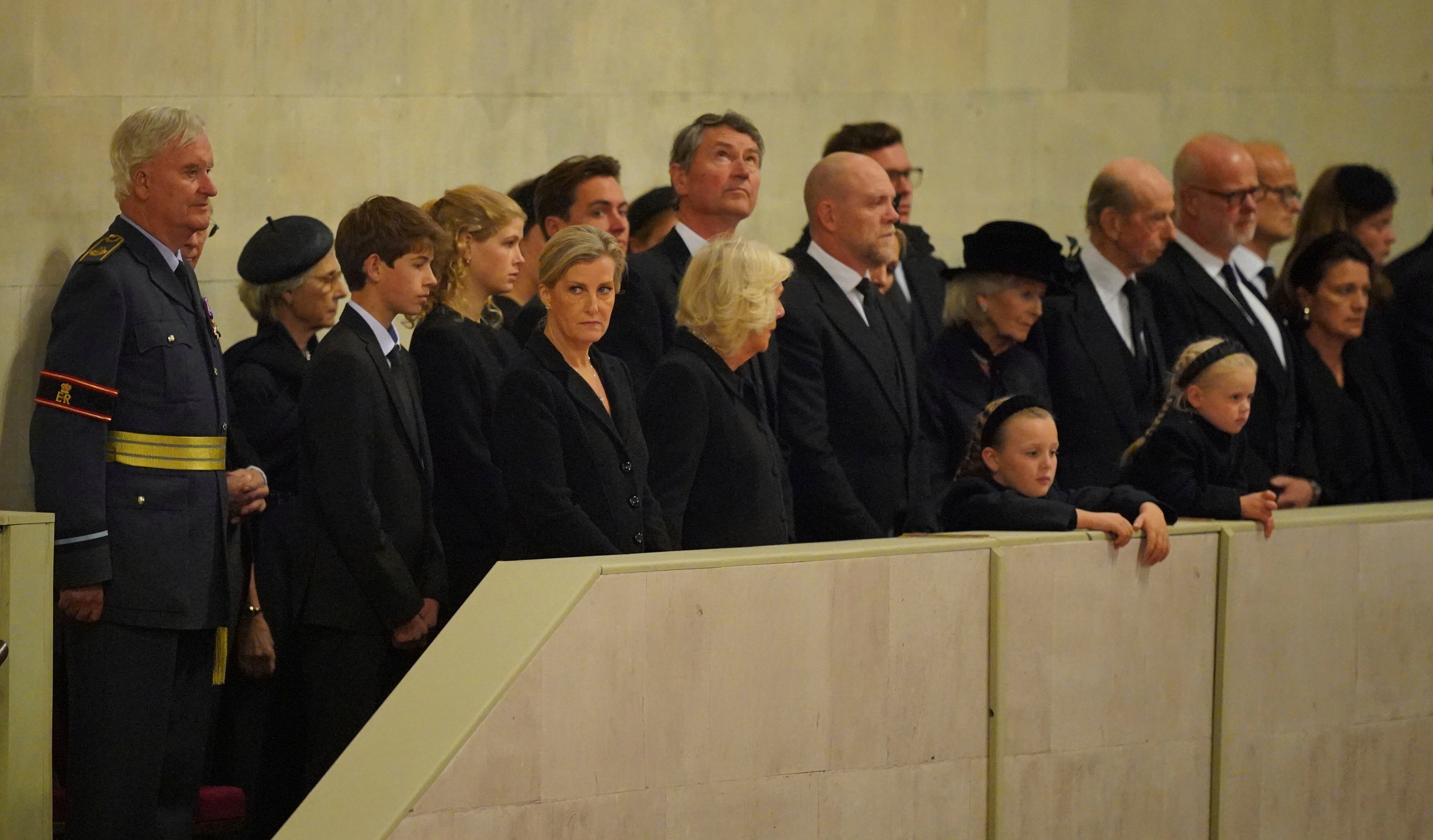 Members of the royal family attend the vigil, including James, Viscount Severn, Lady Louise Windsor, Jack Brooksbank, the Queen Consort, Vice Admiral Sir Tim Laurence, and Zara, Mike, Mia and Lena Tindall