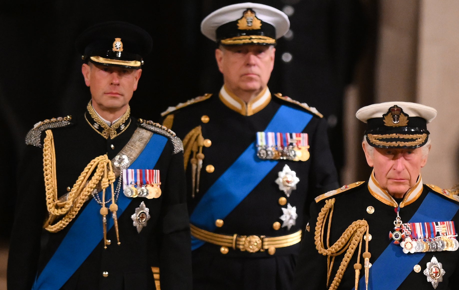King Charles III, the Earl of Wessex and the Duke of York hold a vigil beside the coffin of their mother (Daniel Leal/PA)