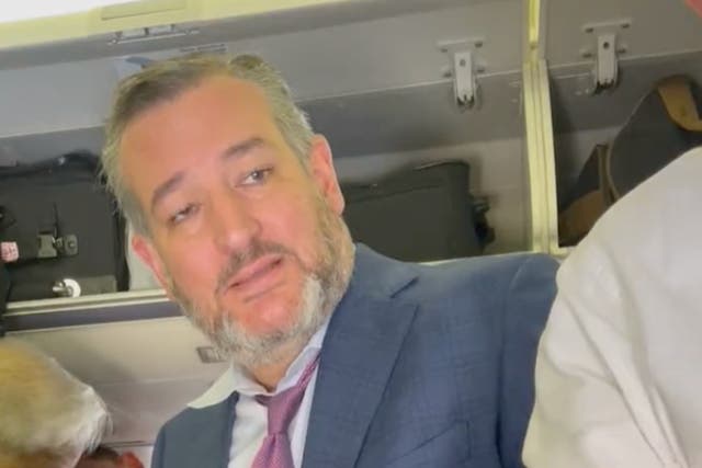 <p>A passenger heckles Ted Cruz on a flight on 14 September, 2022, over his stances on gun control after the Uvalde shooting in Texas</p>