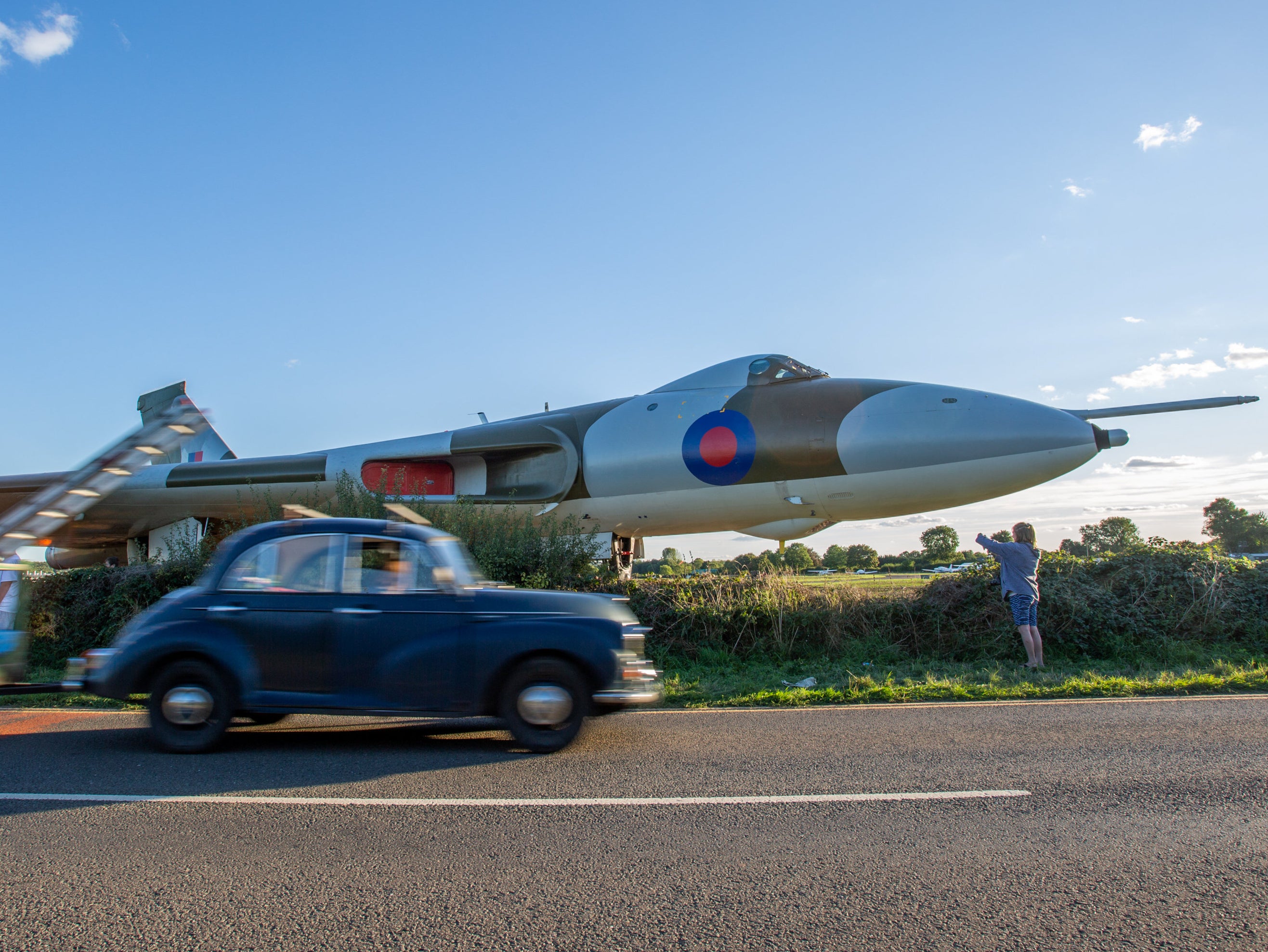 The scene at Wellesbourne Airfield where a Vulcan bomber plane slipped off the runway