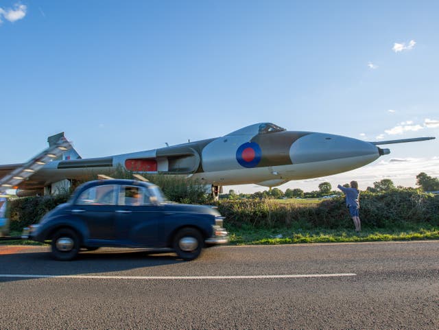 <p>The scene at Wellesbourne Airfield where a Vulcan bomber plane slipped off the runway</p>