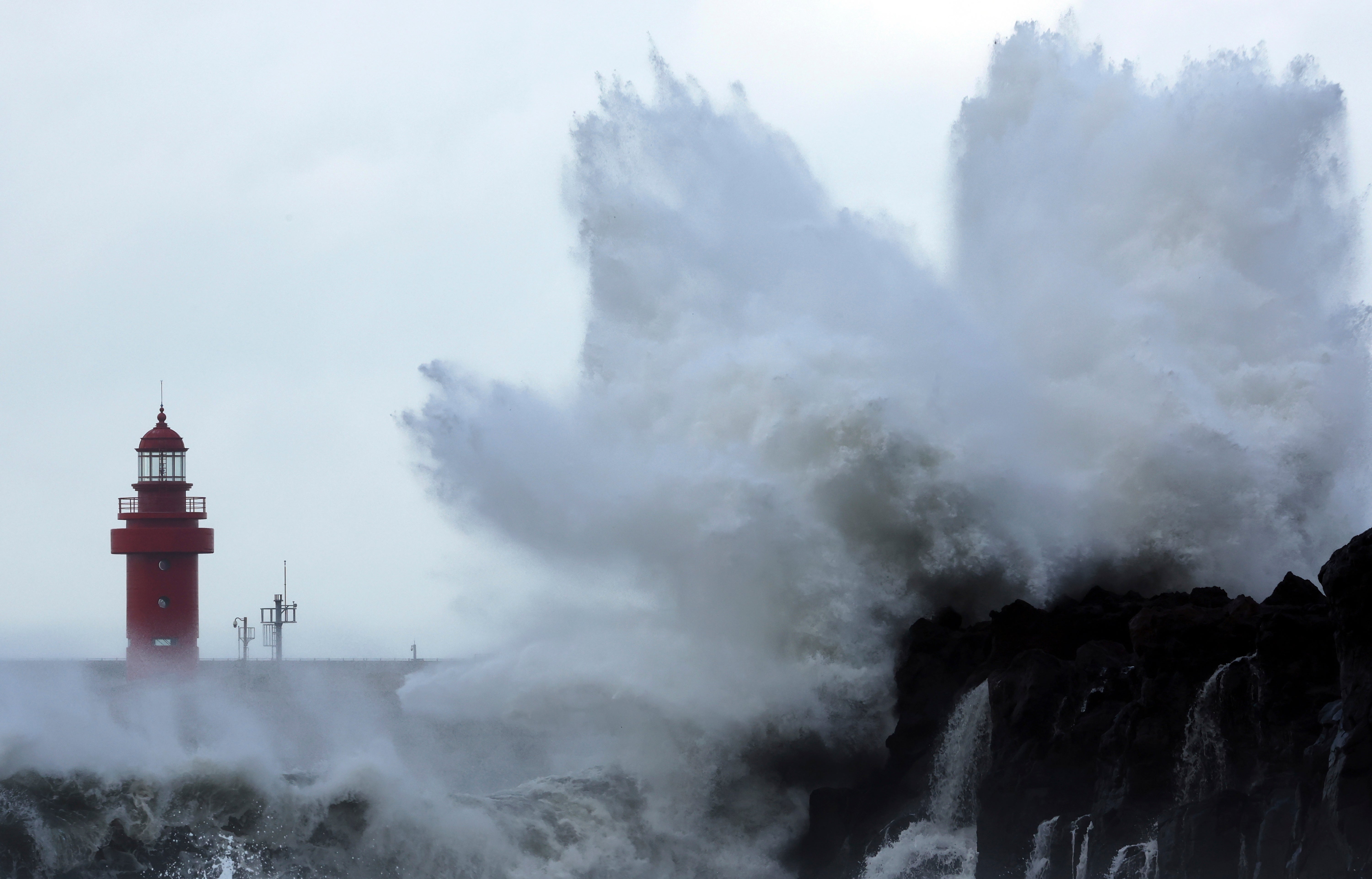 <p>Waves crash on the eastern coast of Jeju Island, South Korea, as a previous storm – Typhoon Hinnamnor – travels toward the Korean peninsula</p>