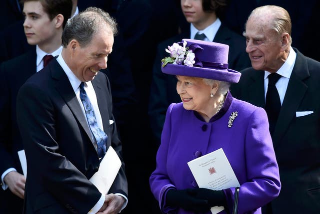 <p>David Armstrong-Jones speaks to Queen Elizabeth II and Prince Philip, Duke of Edinburgh as they leave a Service of Thanksgiving for the life and work of Lord Snowdon at Westminster Abbey on April 7, 2017</p>