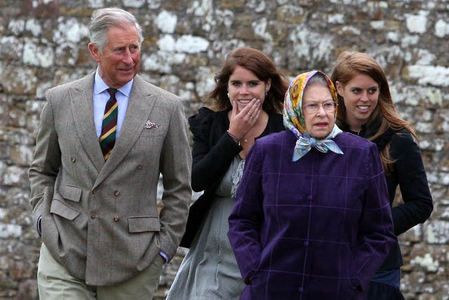 <p>The Queen with the Prince of Wales (left), Princess Eugenie, (back left), and Princess Beatrice (back right) and the rest of the Royal family at the Castle of Mey after disembarking the Hebridean Princess boat after a private family holiday with Queen Elizabeth II around the Western Isles of Scotland.</p>