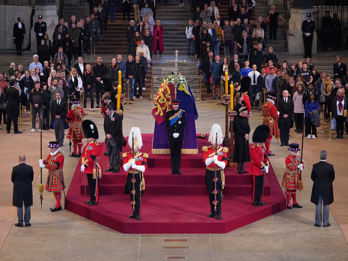 Queen&rsquo;s funeral &ndash; live: William and Harry lead coffin vigil as queue wait is 13 hours 