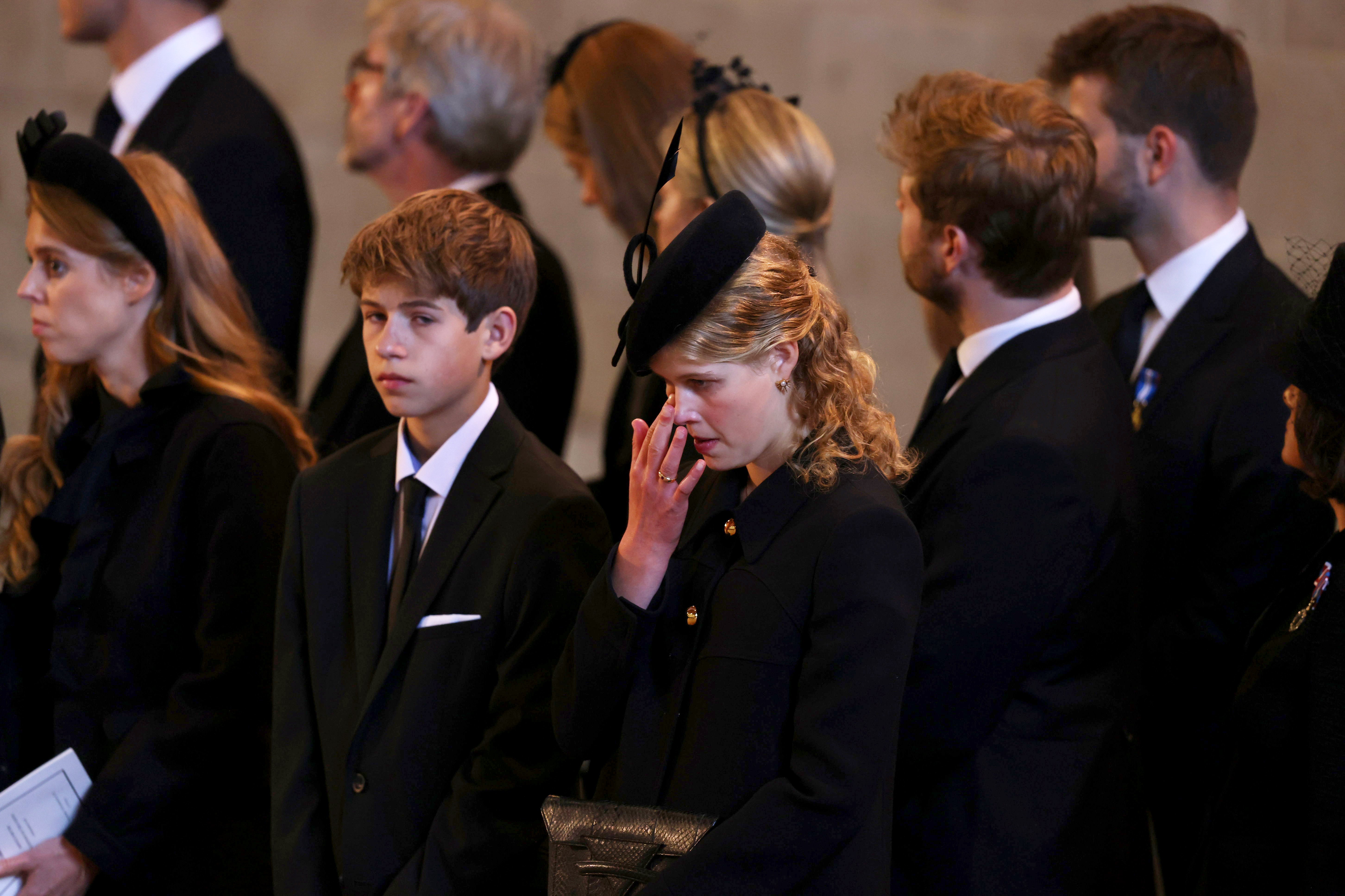 James, Viscount Severn and Lady Louise Windsor pay their respects in The Palace of Westminster during the procession for the lying in state