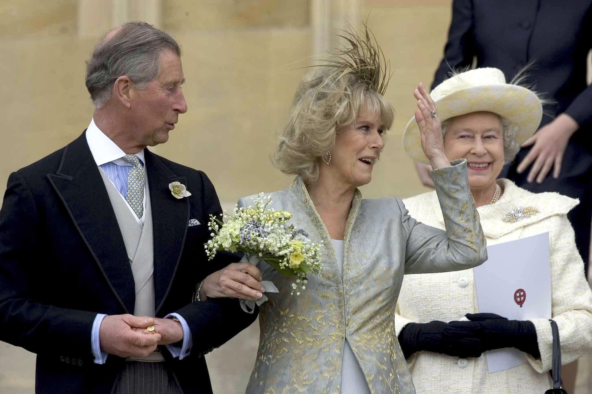 The Prince of Wales and the Duchess of Cornwall with the Queen after the blessing of their marriage in 2005
