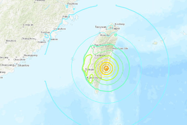 <p>The USGS measured the earthquake at magnitude 7.2 and said it struck just off Taiwan at a depth of around 10km</p>