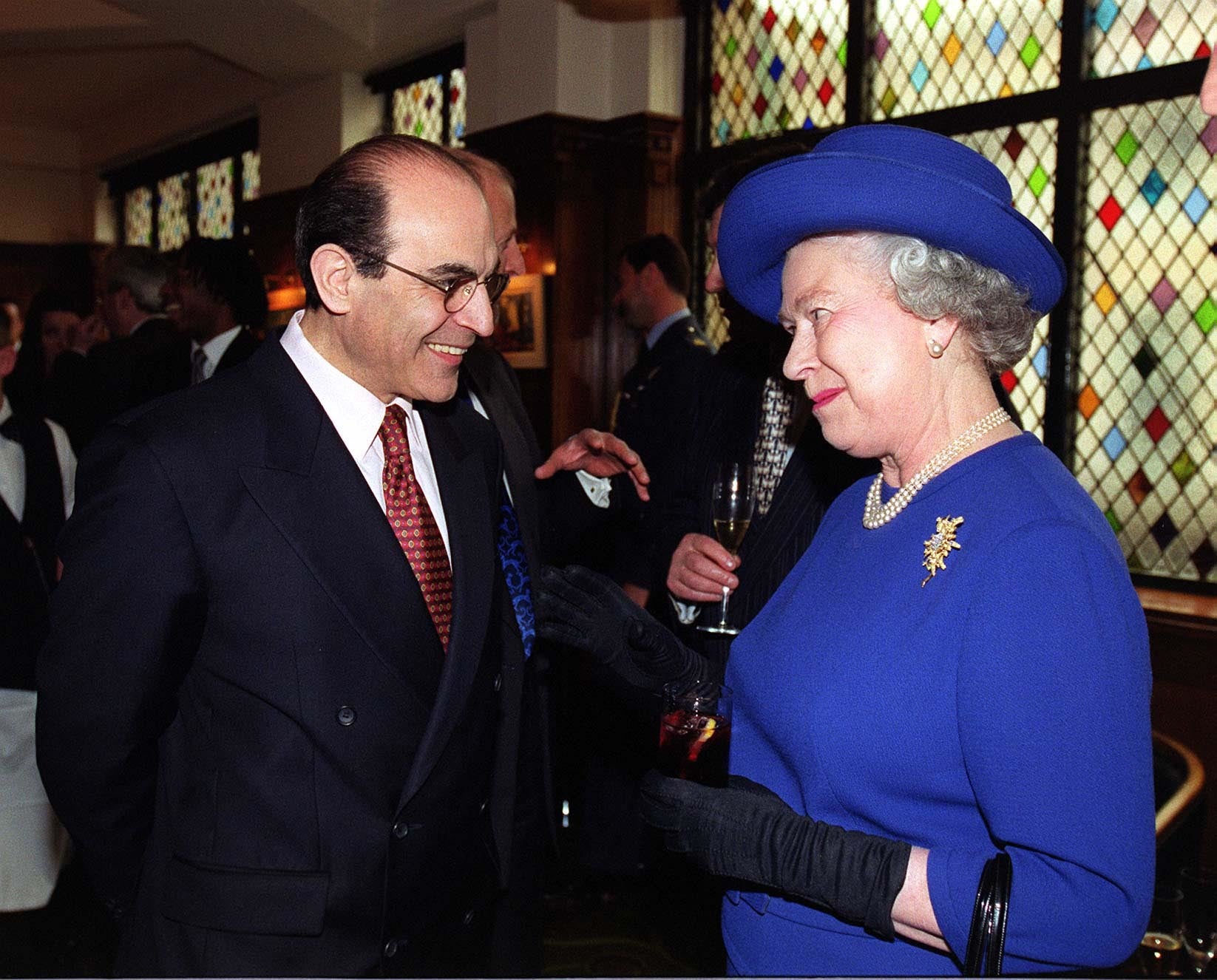 Sir David Suchet with the Queen during her visit to the Almeida Theatre in London (PA)