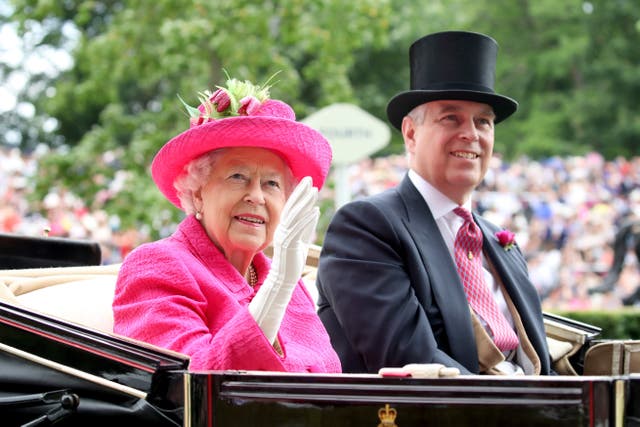 <p>The Queen and Prince Andrew at Ascot in 2017</p>