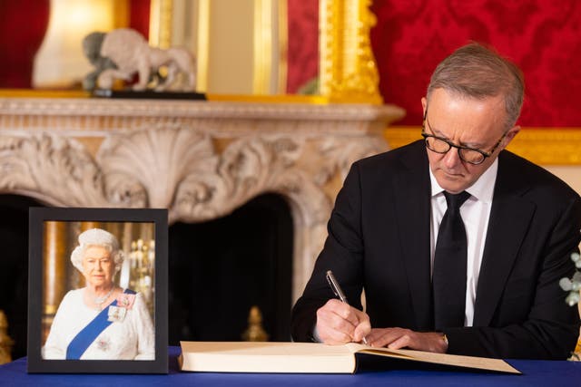Australian prime minister Anthony Albanese signs the book of condolence at Lancaster House in London (David Parry Media Assignments/PA)