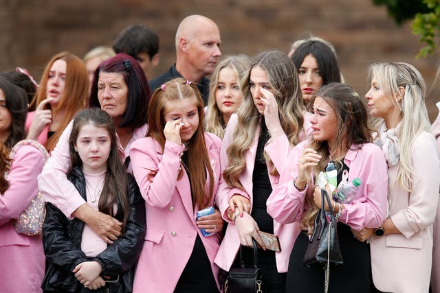 <p>Mourners at the funeral of nine-year-old Olivia Pratt-Korbel in Liverpool on Thursday 15 September</p>