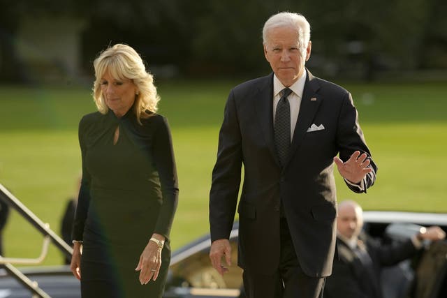 <p>US president Joe Biden accompanied by the First Lady Jill Biden arrive for a reception hosted by the King (Markus Schreiber/PA)</p>